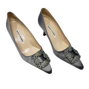 Manolo Blahnik Hangisi Grey Satin Crystal Buckle Heels Pumps 36